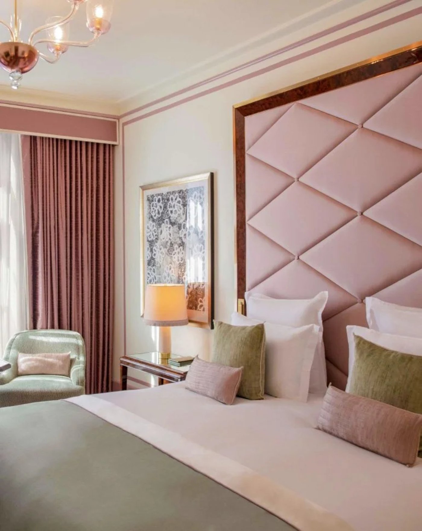 This suite is a masterclass in soft-focused luxury, where plush quilted textures meet a sophisticated palette of rose and sage. It feels like a quiet, high-fashion retreat designed for indulgence and afternoon dreaming.