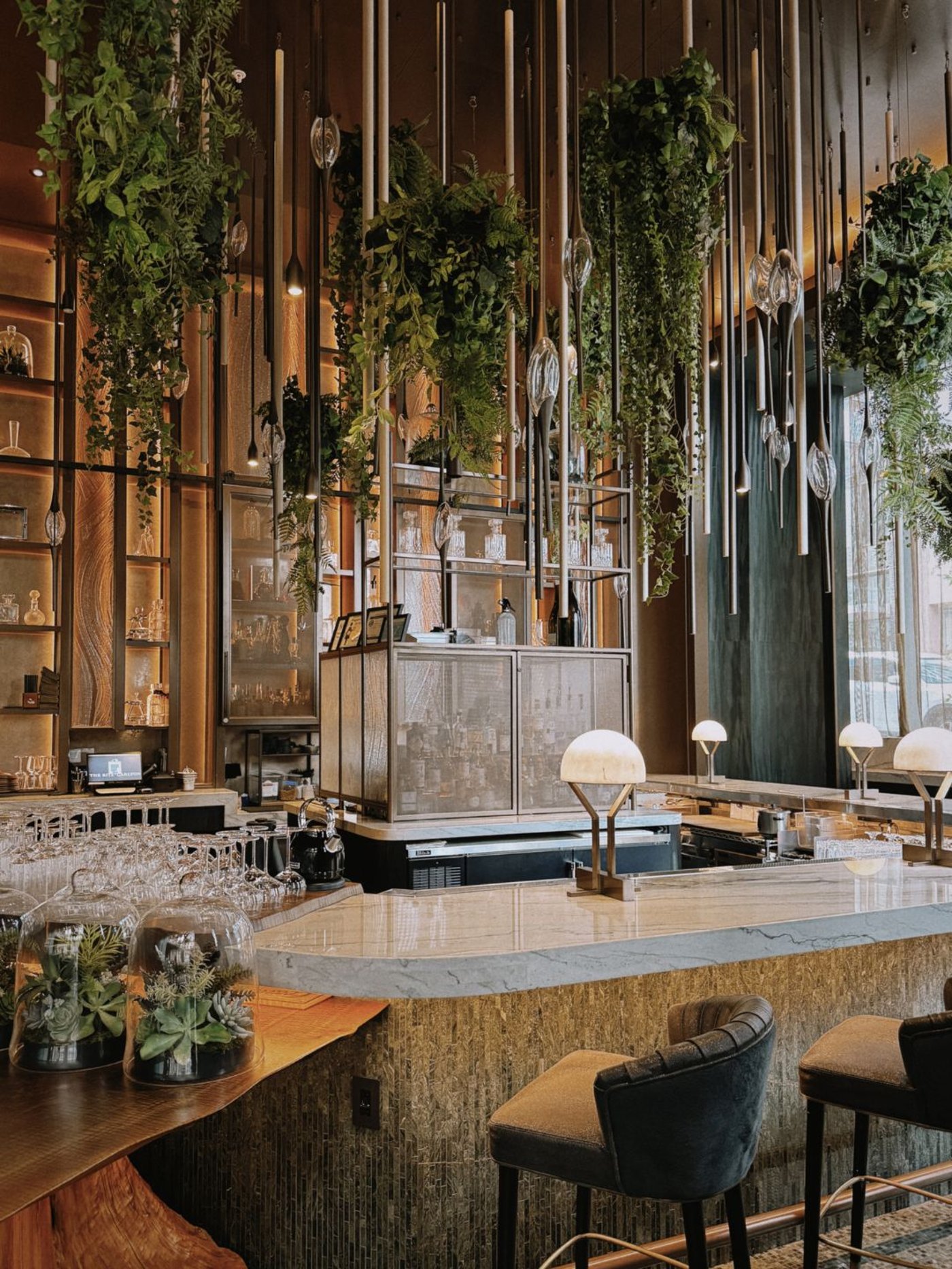 An enchanted botanical escape where lush greenery cascades over a sophisticated marble bar, creating a sense of hidden-garden mystery. The interplay of soft amber lighting and organic textures offers a sultry, high-vibe atmosphere perfect for artisanal sipping.