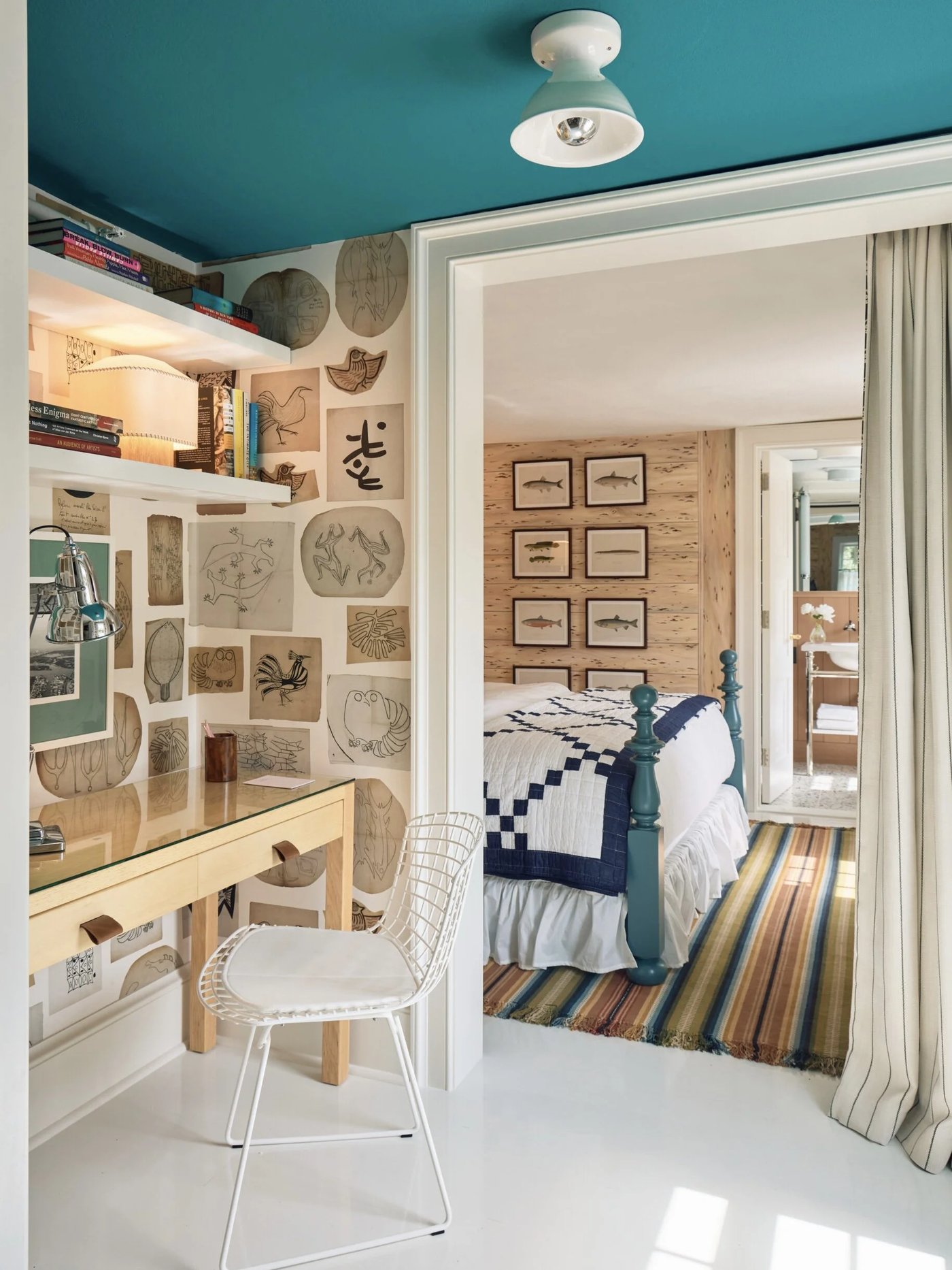 A Masterclass in eclectic charm, this suite blends vibrant teal accents with rustic pine textures and a soulful gallery of sketches. The space feels like the private residence of a world-traveling artist, offering a creative and cozy retreat.